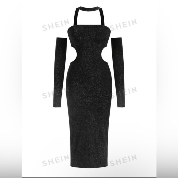 Midi bodycon cut out dress, black glitter. - Picture 3 of 3